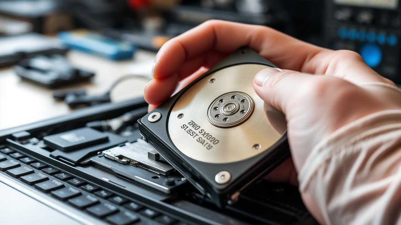 Técnico inspeccionando un disco duro de un portátil